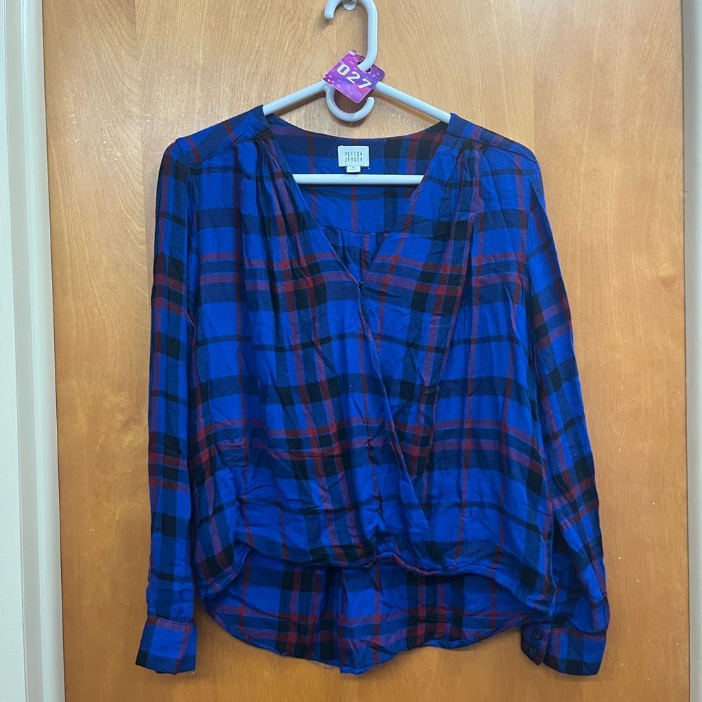 Peyton jensen Blue and Red Plaid faux wrap Blouse